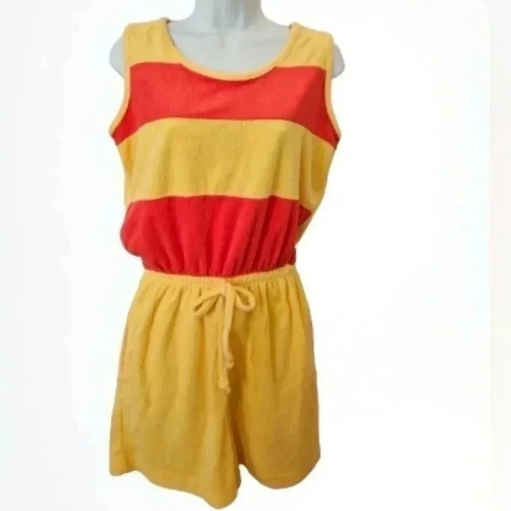 Rare Vintage 80s Gertrude Davenport Terrycloth Romper Yellow Orange Retro S